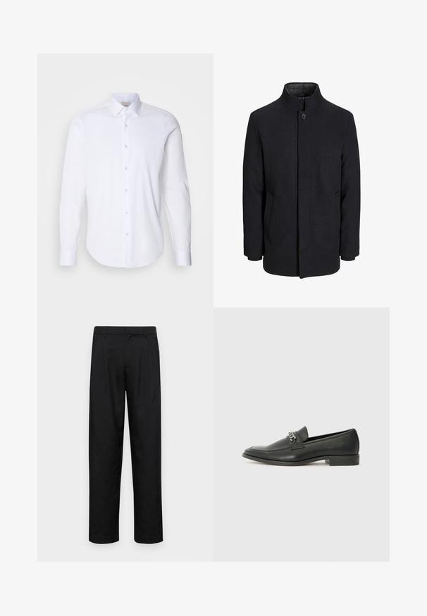Pánský černý vlněný kabát s vysokým límcem, skrytým zipem, zapínáním na jeden knoflík a bočními kapsami.; Bílá dlouhá košile s dlouhými rukávy vyrobená z hladké bavlněné tkaniny. Má špičatý límec, zapínání na knoflíky a zaoblený lem. Bez vzorů nebo akcentů.; Černé kalhoty vyrobené z hladké látky, s rovnou nohavicí, dvěma předními sklady a standardním pasem se poutky na opasek.; Černé kožené mokasíny s hladkým povrchem, s prošívaným designem a dekoračním kovovým řetízkem přes nárt. Plochý podpatek.