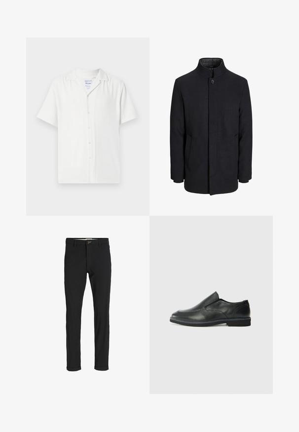 Manteau en laine noir pour homme avec col haut, fermeture éclair dissimulée, fermeture à un bouton et poches latérales.; Chemise blanche à manches courtes avec un devant à boutons, en tissu texturé, dotée d'un col et d'une coupe décontractée.; Pantalons noirs en mélange de coton avec une coupe slim, dotés d'une fermeture à bouton, de poches et de revers pour une finition décontractée.; Chaussure slip-on en cuir noir avec une tige lisse, des accents cousus, un bout arrondi et un petit talon en caoutchouc. La semelle présente un profil de traction minimal.