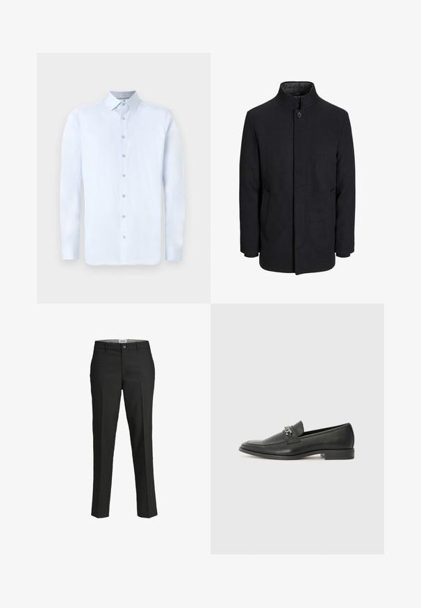 Herren schwarzer Wollmantel mit hohem Kragen, verdecktem Reißverschluss, einreihigem Knopfverschluss und Seitentaschen.; Hellblaues Langarmhemd mit spitzem Kragen, vorderem Knopfverschluss und glatter Textur. Verfügt über silberne Knopfakzente an der Knopfleiste.; Schwarze Hosen, taillierte Passform, glattes Material, mittelhoher Bund, vorderer Knopfverschluss, schräge Taschen und Bügelfalten entlang der Beine.; Schwarzer Lederloafer mit glatter Oberfläche, ausgestattet mit einer gesteppten Gestaltung und einem dekorativen Metallkettendetail über dem Vorderblatt. Flacher Absatz.