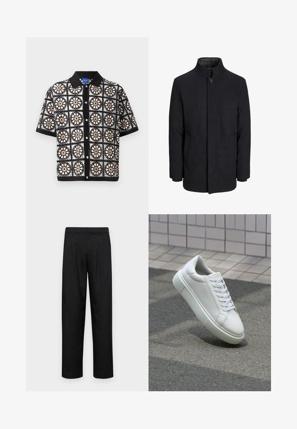 Herre sort uldfrakke med høj krave, skjult lynlås, enkelt knaplukning og sidelommer.; Kortærmet sort skjorte med indviklede hvide og beige blomster-crochet mønstre, med knaplukning foran og flad krave.; Sorte bukser lavet af glat stof, med et lige ben-design, to frontfolder og en standard talje med bæltestropper.; Hvide lædersneakers med en glat overflade, rund tå og flade hvide snørebånd. Har en tekstureret gummisål og minimalt design.
