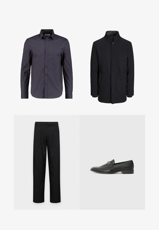 Cappotto da uomo in lana nera con colletto alto, zip nascosta, chiusura a un bottone e tasche laterali.; Camicia a maniche lunghe di un blu navy scuro, realizzata in cotone morbido, con chiusura a bottoni davanti, colletto classico e una vestibilità su misura.; Pantaloni neri realizzati in tessuto liscio, caratterizzati da un taglio dritto, due pieghe frontali e una vita standard con passanti per la cintura.; Mocassino in pelle nera con finitura liscia, caratterizzato da un design cucito e da un accento decorativo in catena metallica sul vamp. Tacco piatto.