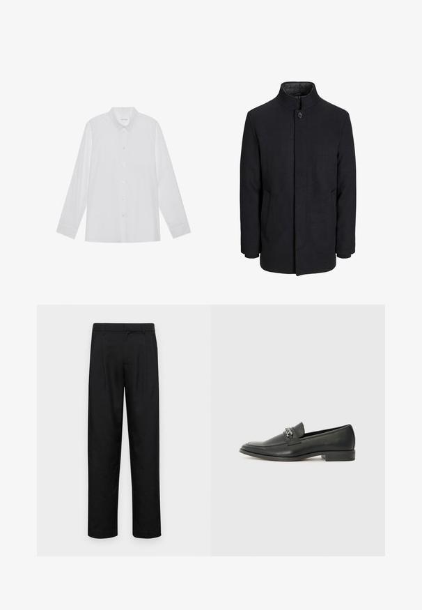 Manteau en laine noir pour homme avec col haut, fermeture éclair dissimulée, fermeture à un bouton et poches latérales.; Chemise blanche à manches longues en tissu lisse, dotée d'un col pointu, d'une fermeture à boutons sur le devant et de poignets à un bouton.; Pantalons noirs en tissu lisse, avec une coupe droite, deux plis avant et une taille standard avec passants de ceinture.; Mocassin en cuir noir avec une finition lisse, présentant un design cousu et une accent décoratif en chaîne métallique sur le rand. Talon plat.