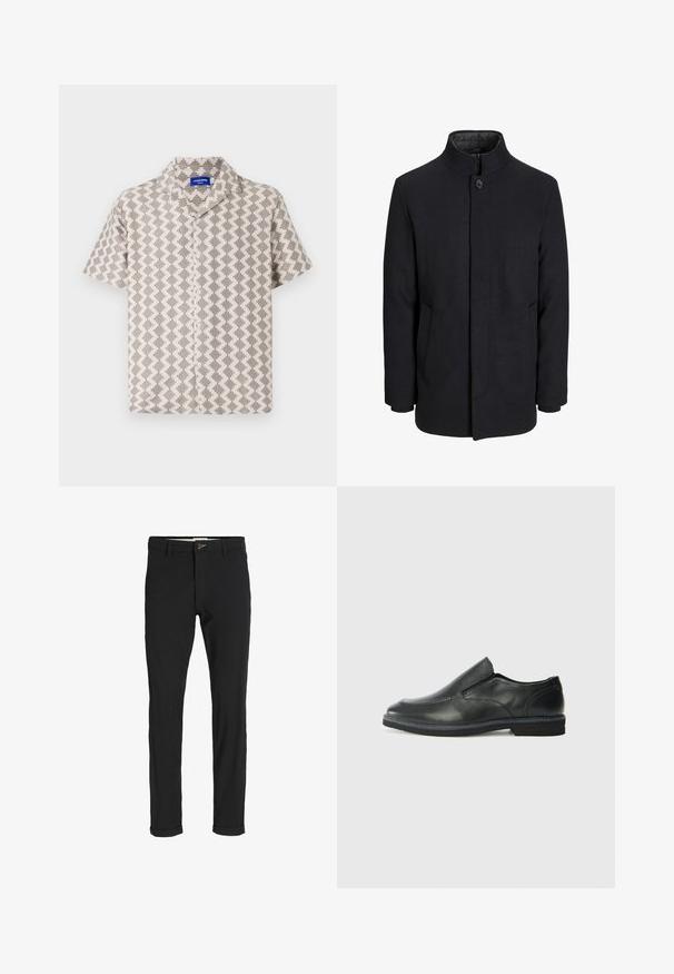 Men's black wool coat with high collar, concealed zipper, single button closure, and side pockets.; Short-sleeved shirt in beige and gray fabric featuring a geometric pattern, textured surface, and a notch collar with button closure.; Black cotton blend pants with a slim fit, featuring a button closure, pockets, and rolled cuffs for a casual finish.; Black leather slip-on shoe with a smooth upper, stitched accents, rounded toe, and a low rubber heel. Sole features minimal tread.