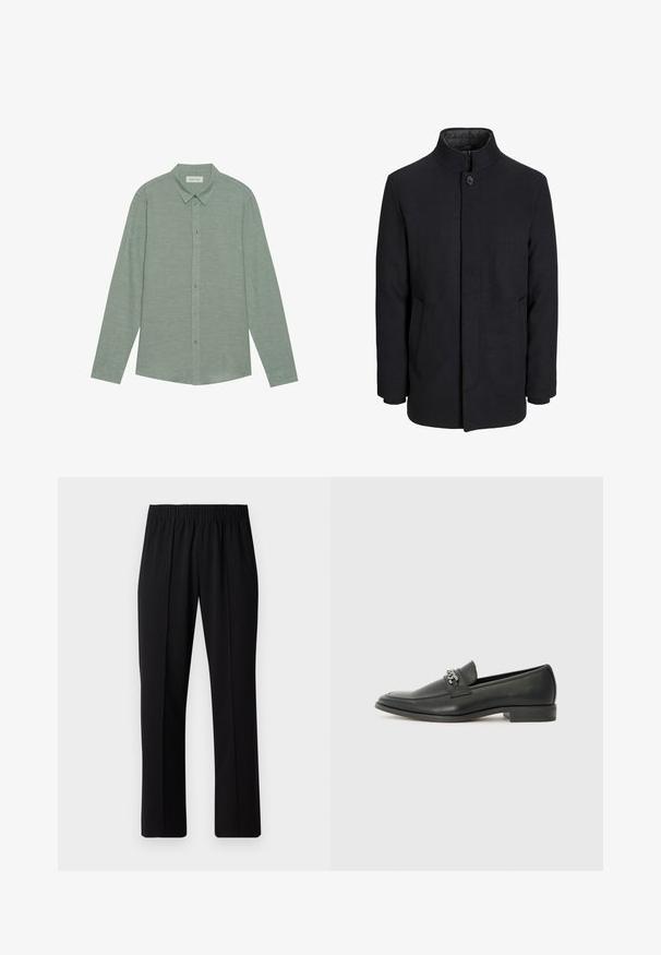 Men's black wool coat with high collar, concealed zipper, single button closure, and side pockets.; Long-sleeve button-up shirt in light green linen fabric with a pointed collar and matching buttons, featuring a subtle texture.; Black, elastic-waist trousers with a straight-leg design, featuring a smooth texture and no visible patterns or hardware.; Black leather loafer with a smooth finish, featuring a stitched design and a decorative metal chain accent across the vamp. Flat heel.