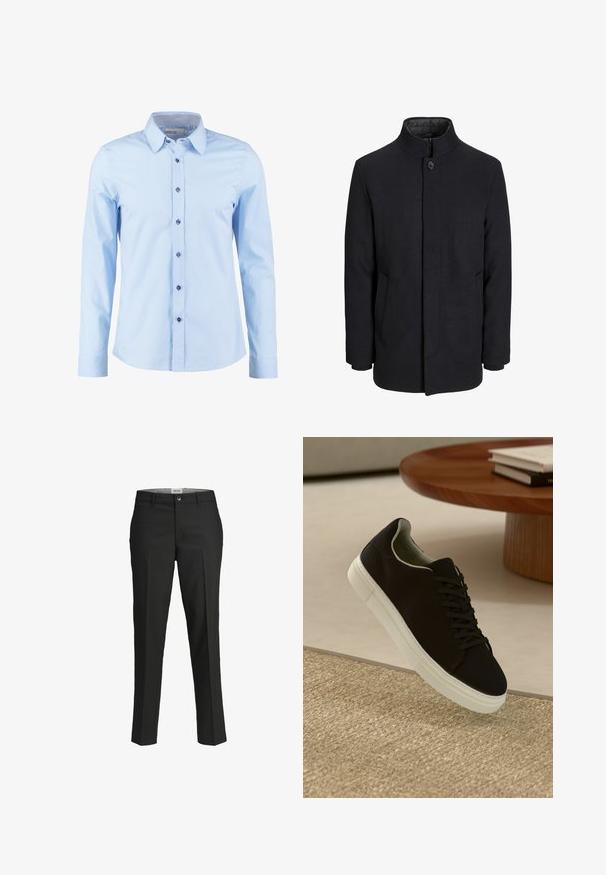 Manteau en laine noir pour homme avec col haut, fermeture éclair dissimulée, fermeture à un bouton et poches latérales.; Chemise à manches longues bleu clair avec un col à rabat, dotée de boutons bleu marine et d'un accent en tissu écossais à l'intérieur du col.; Pantalon noir, coupe ajustée, tissu lisse, taille mi-haute, fermeture à bouton à l'avant, poches en biais, et détails de pli sur les jambes.; Baskets noires avec semelle blanche flottant au-dessus d'un tapis texturé beige, près d'une table en bois ronde avec des livres empilés.