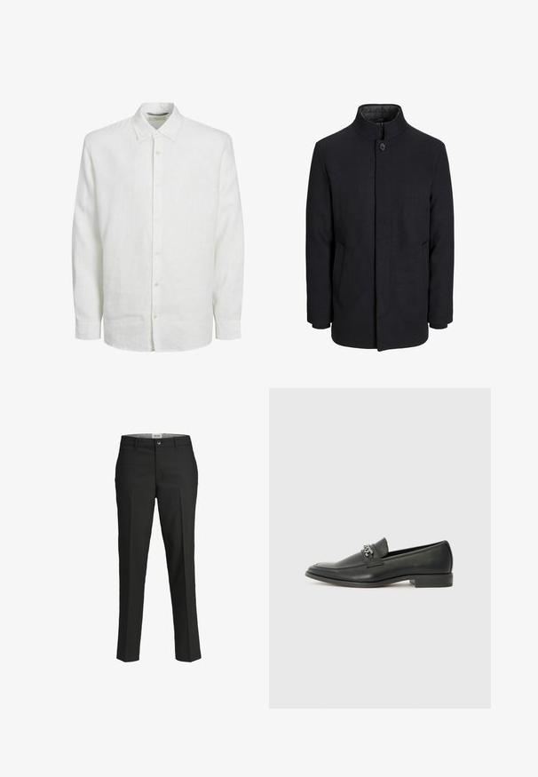 Muški crni vuneni kaput s visokim ovratnikom, skrivenim patentnim zatvaračem, jednim gumbom za zatvaranje i bočnim džepovima.; Bijela košulja dugih rukava od lana, s dugim rukavima i gumbima sprijeda, klasičnom kragnom i suptilnom teksturom. Rukavi se završavaju na zapešću s gumbima.; Crne hlače, krojene u prilagodljivom fitu, glatka tkanina, srednji struk, prednje kopčanje na dugme, dijagonalni džepovi i pregibi duž nogu.; Crna kožna loafer cipela s glatkom finišem, s ušivenim uzorkom i dekorativnim metalnim lancem preko prednjeg dijela. Ravni potplat.