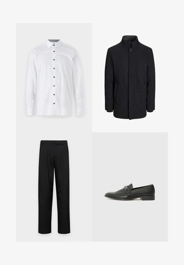Vīriešu melns vilnas mētelis ar augstu apkakli, slēptu rāvējslēdžu, vienu pogu aizdari un sānu kabatām.; Balta garām piedurknēm izgatavota kokvilnas krekls ar pogāmu priekšpusi, zilām pogām un rakstainu iekšējo apkakli. Gluda tekstūra.; Melnas bikses, izgatavotas no gludas auduma, ar taisnu kāju dizainu, divām priekšējām krokām un standarta jostu, kurai ir āķi.; Melna ādas loafer izmēra apavi ar gludu virsmu, piedāvā ar šūtu dizainu un dekoratīvu metāla ķēdes akcentu pār vampu. Plakana papēža daļa.