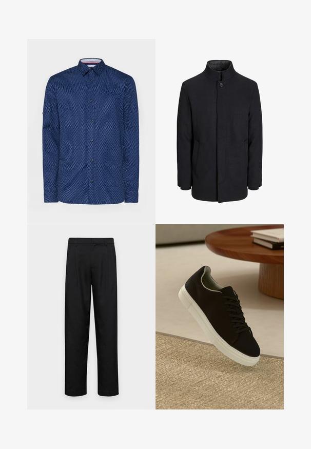 Men's svart ullfrakk med høy krage, skjult glidelås, en knapp lukking og sidelommer.; Mørkeblå skjorte med hvite prikker, lange ermer, knappeåpning foran, enkelt brystlomme og kontrasterende detalj på innsiden av kragen.; Sorte bukser laget av glatt stoff, med rette ben, to frontfoldninger og standard liv med beltehemper.; Svart sneakers med hvit såle som svever over en beige teksturert teppe nær et rundt trebord med stablede bøker.