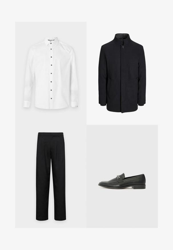 Vyriškas juodas vilnonis paltas su aukštu apykakle, užslėptu užtrauktuku, vienu užsegimu ir šoninėmis kišenėmis.; Balta marškinėlių su mygtukais, pagaminti iš lygaus audinio, su juodais mygtukais, ilgomis rankovėmis ir klasikinio kirpimo apykakle. Minkšta tekstūra, be raštų.; Juodi kelnių modeliai, pagaminti iš lygios medžiagos, turi tiesią kojas, du priekiniai klostės ir standartinę juosmenį su diržo kilpomis.; Juodos odinės loafer tipo bateliai su lygiu paviršiumi, turintys siuvinėtą dizainą ir dekoratyvų metalo grandinėlės akcentą ant batų viršaus. Plokščias kulnas.