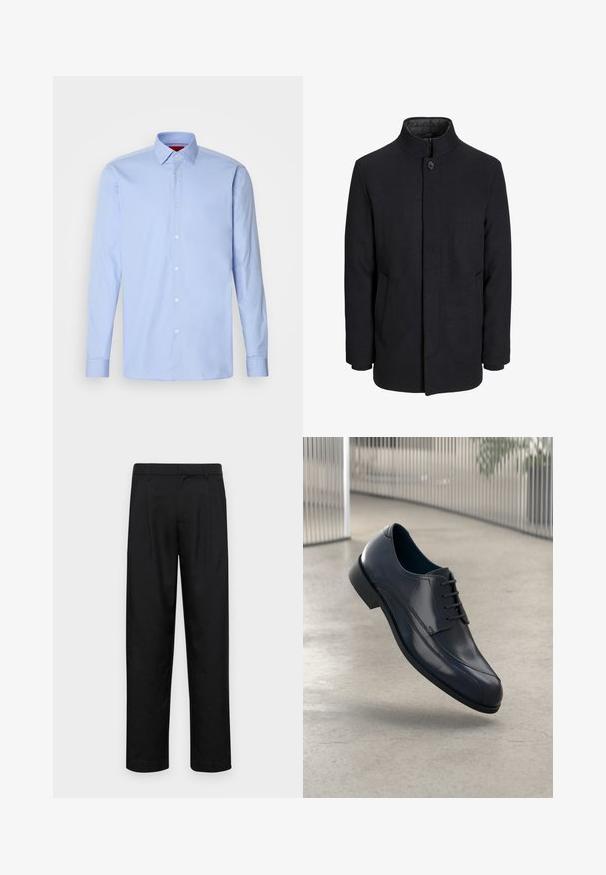 Men's svart ullfrakk med høy krage, skjult glidelås, en knapp lukking og sidelommer.; Lyseblå langermet skjorte laget av bomull, med klassisk krage og knappefront med hvite knapper. Glatt tekstur.; Sorte bukser laget av glatt stoff, med rette ben, to frontfoldninger og standard liv med beltehemper.; Glans svart lærdressko med snørebånd, svevende over et glatt, lyst grått gulv med vertikale metallstenger i bakgrunnen.