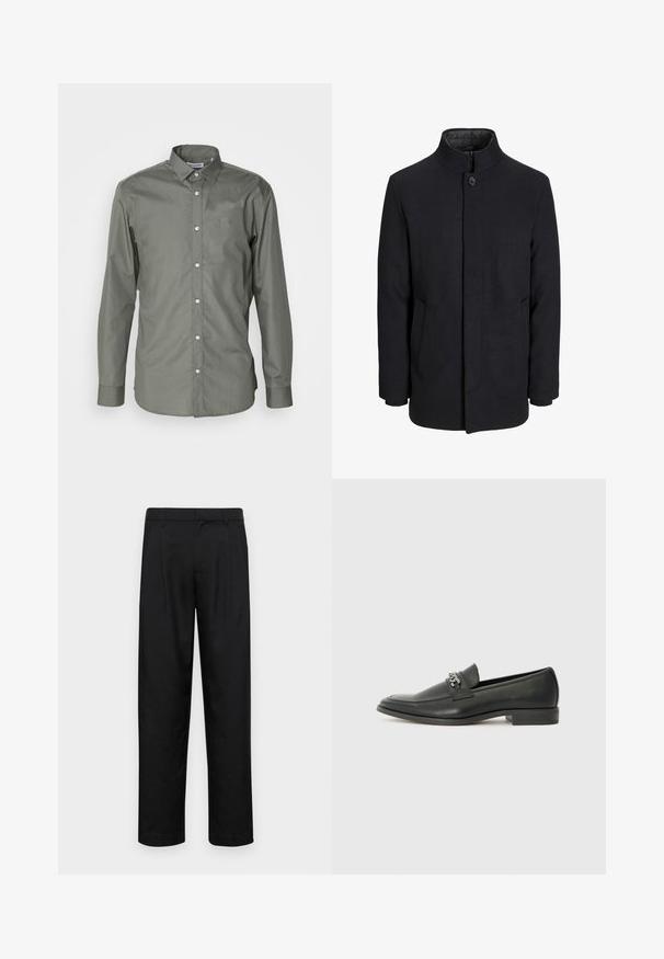 Vīriešu melns vilnas mētelis ar augstu apkakli, slēptu rāvējslēdžu, vienu pogu aizdari un sānu kabatām.; Vīriešu garām piedurknēm krekliņš olīvu zaļā audumā, ar pogām priekšpusē, izkliedētu jostu un noapaļotiem aproču galiem ar vieglu faktūru.; Melnas bikses, izgatavotas no gludas auduma, ar taisnu kāju dizainu, divām priekšējām krokām un standarta jostu, kurai ir āķi.; Melna ādas loafer izmēra apavi ar gludu virsmu, piedāvā ar šūtu dizainu un dekoratīvu metāla ķēdes akcentu pār vampu. Plakana papēža daļa.