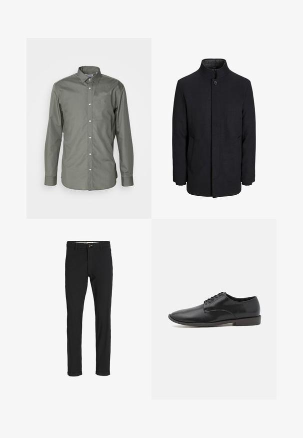 Cappotto da uomo in lana nera con colletto alto, zip nascosta, chiusura a un bottone e tasche laterali.; Camicia da uomo a maniche lunghe in tessuto verde oliva, con chiusura a bottoni, colletto alla francese e polsini arrotondati con una leggera texture.; Pantaloni neri in cotone misto con vestibilità slim, dotati di chiusura con bottone, tasche e orli arrotolati per un look informale.; Scarpa nera in pelle con lacci, finitura liscia, punta arrotondata e suola in gomma bassa. Design minimalista senza ulteriori decorazioni.