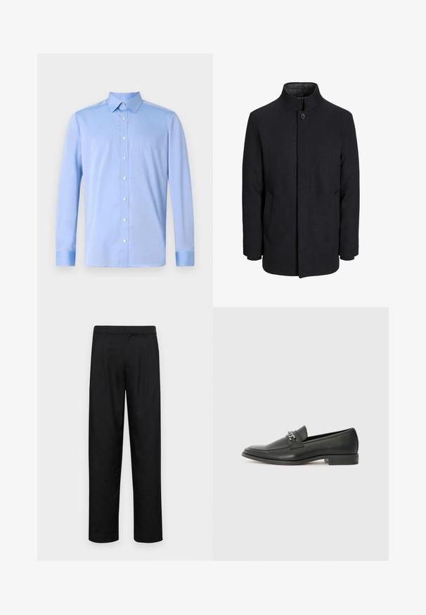Zwart wollen mannenjas met hoge kraag, verborgen rits, sluiting met één knop en zijzakken.; Lichtblauwe overhemd met lange mouwen, een klassieke kraag en witte knopen. De stof lijkt glad met een subtiele textuur.; Zwarte broeken van gladde stof, met een recht model, twee voorknikken en een standaard tailleband met riemlussen.; Zwarte leren instapper met een gladde afwerking, voorzien van een gestikt ontwerp en een decoratieve metalen kettingaccent over de wreef. Platte hak.