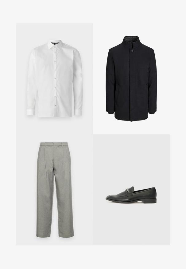 Herren schwarzer Wollmantel mit hohem Kragen, verdecktem Reißverschluss, einreihigem Knopfverschluss und Seitentaschen.; Weißes Langarmhemd aus glattem Stoff mit klassischem Kragen, durchgehender Knopfleiste und geknöpften Manschetten. Dunkel gemusterter Innenkragen.; Graue maßgeschneiderte Hose aus strukturiertem Stoff mit geradem Bein, Bundfalten und einem Standardbund mit Gürtelschlaufen.; Schwarzer Lederloafer mit glatter Oberfläche, ausgestattet mit einer gesteppten Gestaltung und einem dekorativen Metallkettendetail über dem Vorderblatt. Flacher Absatz.