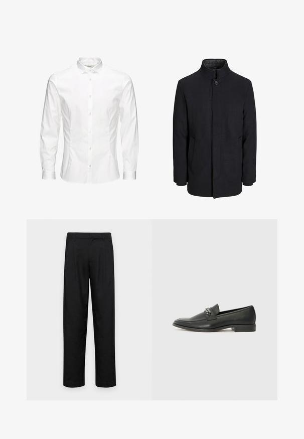 Svart ullrock för män med hög krage, dold dragkedja, singel knappstängning och sidofickor.; Vit långärmad skjorta med knappar gjord av mjukt tyg. Har en klassisk krage, framknappar och ärmändar med en knapp. Slim fit-design.; Svarta byxor i slät väv, med rak ben-design, två framfickor och standardmidja med bälteshällor.; Svart läderloafers med en slät yta, med en sydd design och en dekorativ metallkedjeaccent över västen. Platt häldesign.