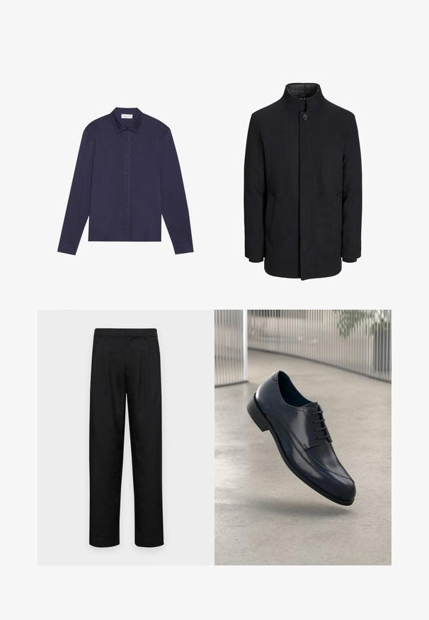 Palton negru din lână pentru bărbați, cu guler înalt, fermoar ascuns, închidere cu un singur buton și buzunare laterale.; Cămașă bleu cu mâneci lungi, confecționată dintr-un material neted, având un guler ascuțit și un croi ușor relaxat.; Pantaloni negri dintr-un material neted, cu un design drept, două pliuri frontale și un tiv standard cu bucle pentru curea.; Pantofii eleganți din piele veritabilă neagră, cu șireturi, plutind deasupra unui podea netedă, de culoare gri deschis, cu bare metalice verticale în fundal.