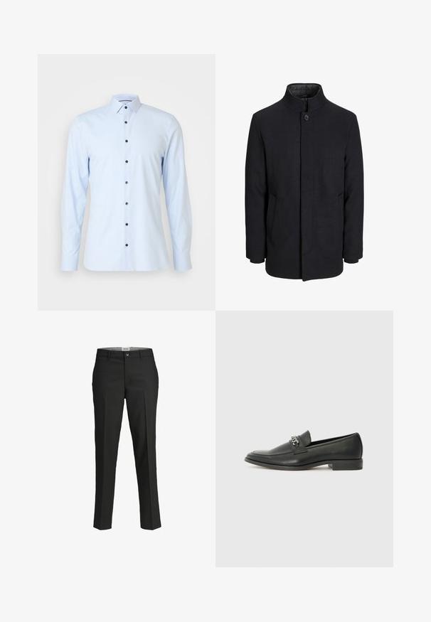 Svart ullrock för män med hög krage, dold dragkedja, singel knappstängning och sidofickor.; Ljusblå långärmad skjorta i slätt tyg, med en klassisk krage och mörkblå knappar som går ner längs framsidan.; Svarta byxor, skräddarsydd passform, slätt tyg, medelhög midja, framknäppning, diagonala fickor och veckdetaljering längs benen.; Svart läderloafers med en slät yta, med en sydd design och en dekorativ metallkedjeaccent över västen. Platt häldesign.
