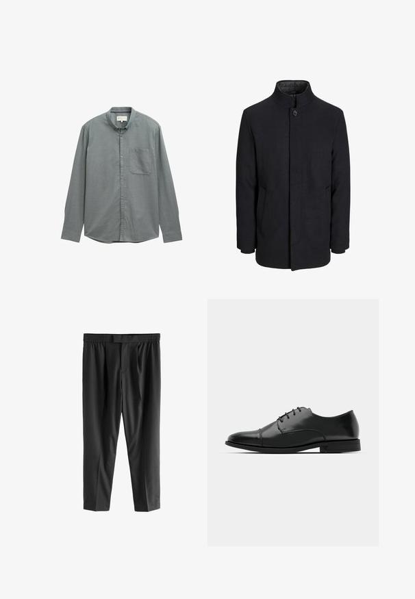 Zwart wollen mannenjas met hoge kraag, verborgen rits, sluiting met één knop en zijzakken.; Lichtgrijs button-up shirt met een spread collar, lange mouwen en een enkele borstzak. Gemaakt van zacht, geweven materiaal.; Next REGULAR FIT -CHECK SMART - Chino - black; Zwarte leren dresschoenen met een ronde neus, vetersluiting, subtiele stiksels en een lage hak. Glad oppervlak met gepolijste afwerking.