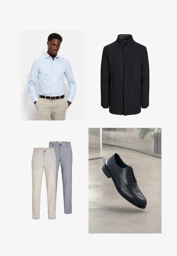 Cappotto da uomo in lana nera con colletto alto, zip nascosta, chiusura a un bottone e tasche laterali.; Camicia azzurro chiaro con bottoni davanti e maniche lunghe, realizzata in tessuto liscio. Presenta un colletto appuntito e una vestibilità sagomata, indossata con pantaloni beige.; Pantaloni beige chiaro e blu chiaro, realizzati in tessuto, con una texture liscia, taglio dritto, passanti per cintura e chiusura con bottone.; Scarpa da cerimonia in pelle nera lucida con lacci, sospesa sopra un pavimento grigio chiaro e con barre metalliche verticali sullo sfondo.