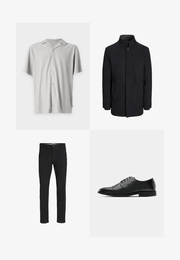 Zwart wollen mannenjas met hoge kraag, verborgen rits, sluiting met één knop en zijzakken.; Korte mouwen, lichtgrijze overhemd met knopen gemaakt van ribstof, met een losse pasvorm, een kraag en vijf metalen knopen aan de voorkant.; Zwarte katoenen broek van een katoenmix met een slim fit, voorzien van een knoopsluiting, zakken en opgerolde mouwen voor een casual afwerking.; Zwarte leren dresschoenen met een ronde neus, vetersluiting, subtiele stiksels en een lage hak. Glad oppervlak met gepolijste afwerking.