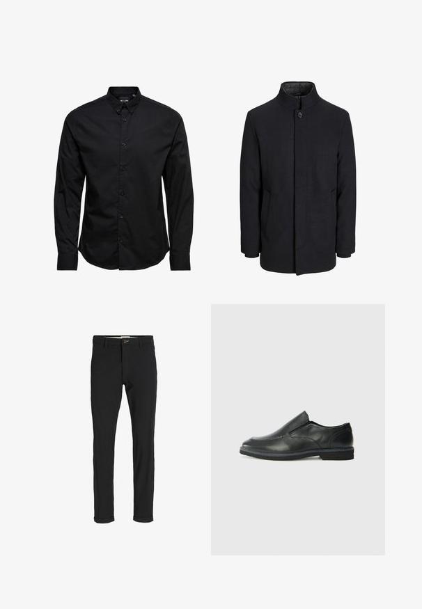 Herre sort uldfrakke med høj krave, skjult lynlås, enkelt knaplukning og sidelommer.; Sort langærmet skjorte med knapper lavet af bomuld. Har en klassisk krave, frontknapper og en lige kant uden mønstre eller udsmykninger.; Sorte bomuldsblandede bukser med slim fit, der har en knaplukning, lommer og opbrugte stumper for et afslappet udtryk.; Sorte læder slip-on sko med en glat overdel, syede detaljer, rund tå og en lav gummihæl. Sålen har minimal profil.