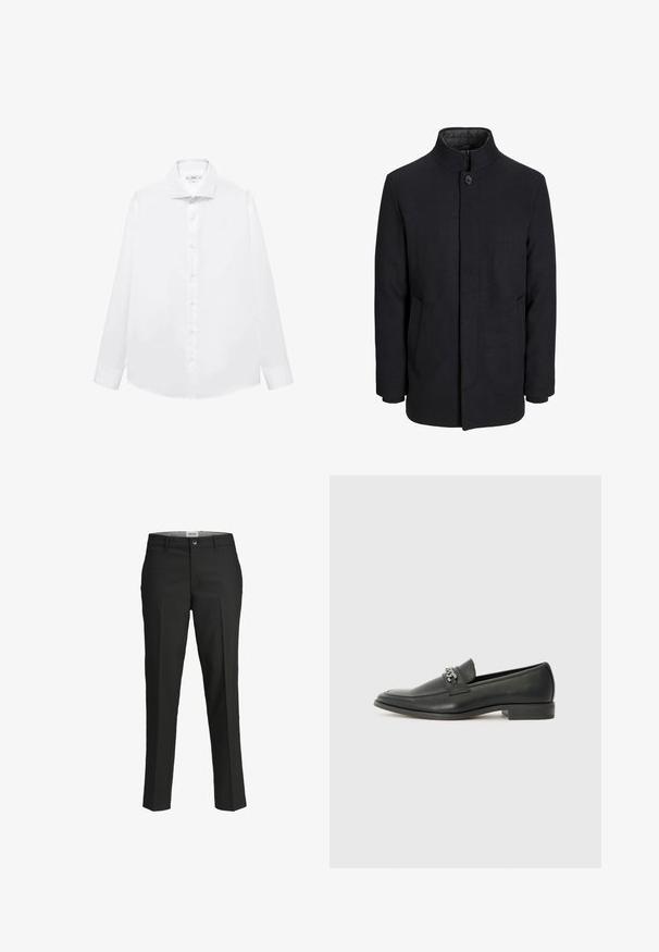 Men's black wool coat with high collar, concealed zipper, single button closure, and side pockets.; White long-sleeve dress shirt made from smooth cotton, featuring a pointed collar, front button closure, and straight-cut hem.; Black trousers, tailored fit, smooth fabric, mid-rise waist, front button closure, diagonal pockets, and crease detailing down the legs.; Black leather loafer with a smooth finish, featuring a stitched design and a decorative metal chain accent across the vamp. Flat heel.
