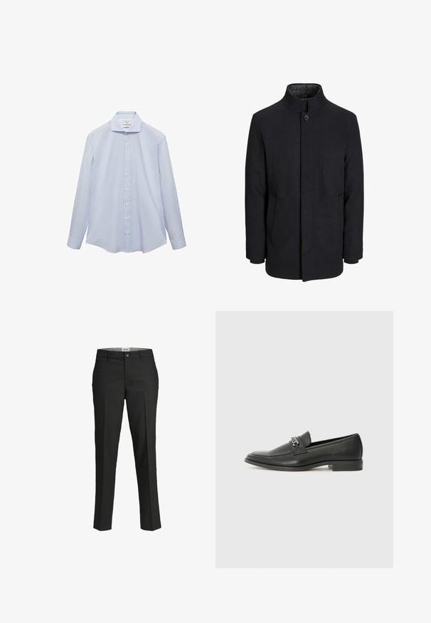 Muški crni vuneni kaput s visokim ovratnikom, skrivenim patentnim zatvaračem, jednim gumbom za zatvaranje i bočnim džepovima.; Svijetloplava košulja dugih rukava s bijelim okomitim prugama, s dugim rukavima i dugim gumbima. Glatkasti materijal s strukturiranim krojem.; Crne hlače, krojene u prilagodljivom fitu, glatka tkanina, srednji struk, prednje kopčanje na dugme, dijagonalni džepovi i pregibi duž nogu.; Crna kožna loafer cipela s glatkom finišem, s ušivenim uzorkom i dekorativnim metalnim lancem preko prednjeg dijela. Ravni potplat.