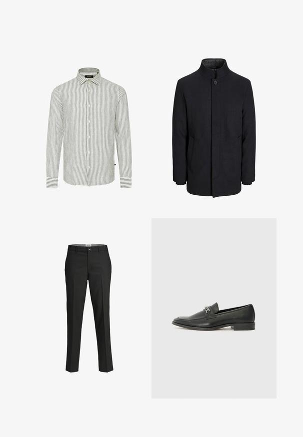 Muški crni vuneni kaput s visokim ovratnikom, skrivenim patentnim zatvaračem, jednim gumbom za zatvaranje i bočnim džepovima.; Siva i bijela prugasta košulja s dugim rukavima, klasičnim ovratnikom i prednjim dugmadi; ima teksturiranu tkaninu s ležernim dizajnom.; Crne hlače, krojene u prilagodljivom fitu, glatka tkanina, srednji struk, prednje kopčanje na dugme, dijagonalni džepovi i pregibi duž nogu.; Crna kožna loafer cipela s glatkom finišem, s ušivenim uzorkom i dekorativnim metalnim lancem preko prednjeg dijela. Ravni potplat.