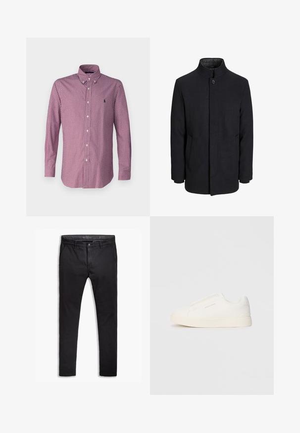 Meeste must villane mantel kõrge kraega, peidetud tõmblukk, ühe nööbiga kinnitamine ja küljetaskud.; Polo Ralph Lauren CUSTOM FIT GINGHAM STRETCH POPLIN SHIRT - Pluus - wine/white; Mustad puuvillased chinos, mis on kitseneva lõikega, viie taskuga, vöökohaga ja siledast tekstuurist. Zipperiga lukk ja nupuga kinnitamine.; Valged libisemiskindlad tossud tekstuuriga pinnaga, paksu tallaga ja minimalistikus disainis. Küljel on brändi logo.