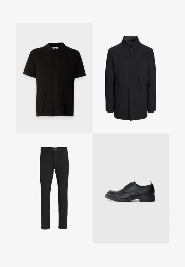 Men's black wool coat with high collar, concealed zipper, single button closure, and side pockets.; Short-sleeve black knit shirt with a collar, button front, and subtle textured pattern. Classic design with a relaxed fit.; Black cotton blend pants with a slim fit, featuring a button closure, pockets, and rolled cuffs for a casual finish.; Black leather dress shoe with a smooth texture, rounded toe, lace-up front, and sturdy rubber sole featuring a treaded pattern.