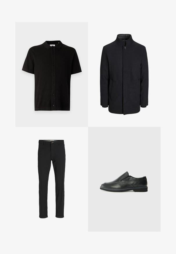 Meeste must villane mantel kõrge kraega, peidetud tõmblukk, ühe nööbiga kinnitamine ja küljetaskud.; Lühikeste varrukatega must kudumissärk, millel on krae, nööbid ees ja peen tekstuuriline muster. Klassikaline disain ja mugav lõige.; Mustast puuvillasegustest pükstest õhukese lõikega, milles on nööbikinnitus, taskud ja keeratud sääred, et saavutada lõdva lõppviimistluse.; Must musta laia suuga king, millel on sile ülemine osa, õmmeldud detailid, ümmargune nina ja madal kummist konts. Tallal on minimaalne mustr.