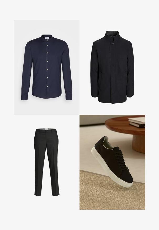 Cappotto da uomo in lana nera con colletto alto, zip nascosta, chiusura a un bottone e tasche laterali.; Camicia a maniche lunghe blu navy con colletto a contrasto, chiusura frontale con bottoni e polsini con due bottoni. Realizzata in un tessuto liscio e strutturato.; Pantaloni neri, vestibilità sartoriale, tessuto liscio, vita media, chiusura con bottone frontale, tasche diagonali e dettagli di piega lungo le gambe.; Sneaker nero con suola bianca che flotta sopra un tappeto beige testurizzato vicino a un tavolo rotondo in legno con libri impilati.