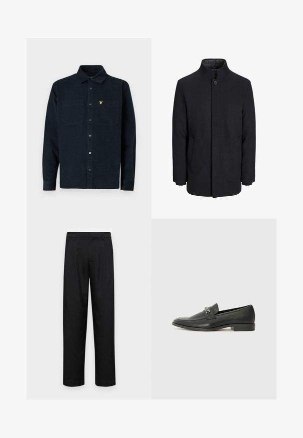 Vyriškas juodas vilnonis paltas su aukštu apykakle, užslėptu užtrauktuku, vienu užsegimu ir šoninėmis kišenėmis.; Tamsiai mėlynas kordūrinis marškinis su mygtukų užsegimu, dviem krūtinės kišenėmis ir maža geltona emblema kairėje kišenėje.; Juodi kelnių modeliai, pagaminti iš lygios medžiagos, turi tiesią kojas, du priekiniai klostės ir standartinę juosmenį su diržo kilpomis.; Juodos odinės loafer tipo bateliai su lygiu paviršiumi, turintys siuvinėtą dizainą ir dekoratyvų metalo grandinėlės akcentą ant batų viršaus. Plokščias kulnas.