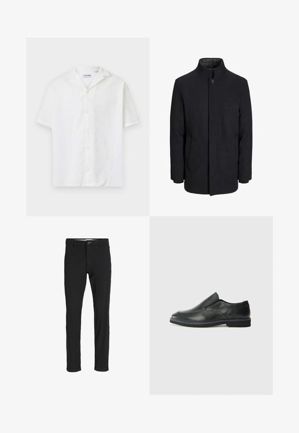 Svart ullrock för män med hög krage, dold dragkedja, singel knappstängning och sidofickor.; Kortärmad vit skjorta med en texturerad mönster, knapplist fram och snedkrage. Tillverkad av lätt tyg.; Svarta bomullsblandade byxor med en smal passform, med knappstängning, fickor och uppvikta fållar för en avslappnad stil.; Svart lädersko i slip-on-modell med en slät ovandel, sömnadsdetaljer, rund tå och låg gummihäl. Sulan har minimal mönstring.