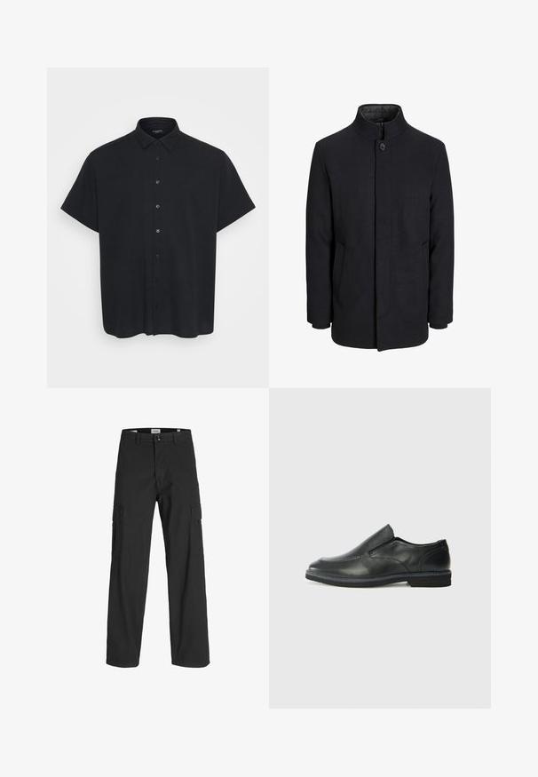 Vīriešu melns vilnas mētelis ar augstu apkakli, slēptu rāvējslēdžu, vienu pogu aizdari un sānu kabatām.; Īsām piedurknēm melna pogājama krekls, izgatavots no teksturēta auduma ar apkakli, piedāvā priekšpuses pogas un brīvu piegriezumu.; Melni kravas bikses ar brīvu piegriezumu, izgatavotas no kokvilnas. Tām ir divi sānu kabatas un pogu aizdare, kas paredzēta funkcionalitātei un komfortam.; Melnas ādas slip-on kurpes ar gludu augšdaļu, izšūtām akcentiem, noapaļotu purngala daļu un zemu gumijas papēdi. Zole ar minimālu rakstu.
