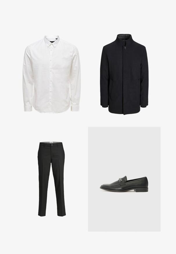Men's black wool coat with high collar, concealed zipper, single button closure, and side pockets.; White long-sleeve button-up shirt with a collar, featuring a smooth texture and six front buttons. Tailored fit with cuffed sleeves.; Black trousers, tailored fit, smooth fabric, mid-rise waist, front button closure, diagonal pockets, and crease detailing down the legs.; Black leather loafer with a smooth finish, featuring a stitched design and a decorative metal chain accent across the vamp. Flat heel.
