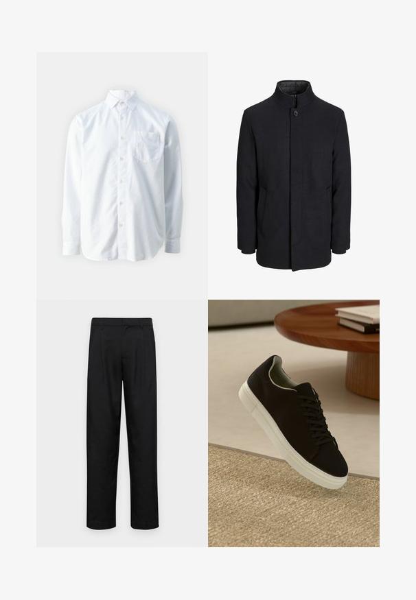 Men's black wool coat with high collar, concealed zipper, single button closure, and side pockets.; Guess COLLIN - Shirt - pure white; Black trousers made of smooth fabric, featuring a straight-leg design, two front pleats, and standard waistband with belt loops.; Black sneaker with white sole floating above beige textured rug near round wooden table with stacked books.