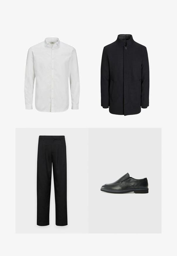 Pánsky čierny vlnový kabát s vysokým golierom, skrytým zipsom, jedným gombíkom a bočnými vreckami.; Biela, dlhá košeľa s gombíkmi vyrobená z bavlny, s klasickým golierom, rovný strih a jemne štruktúrovaný povrch. Štandardné gombíkové zapínanie.; Čierne nohavice vyrobené z hladkej tkaniny, s rovnými nohavicami, dvoma prednými skladmi a štandardným pásom s pútkami na opasok.; Čierny kožený nazúvací topánka s hladkým zvrškom, prešitými akcentmi, zaoblenou špičkou a nízkym gumovým podpätkom. Podošva má minimálny dezén.