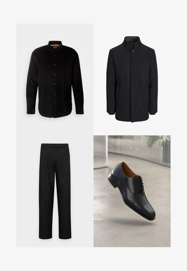 Herren schwarzer Wollmantel mit hohem Kragen, verdecktem Reißverschluss, einreihigem Knopfverschluss und Seitentaschen.; INDICODE JEANS Hemd - black; Schwarze Hose aus glattem Stoff, mit geradem Bein Design, zwei vorderen Falten und einem Standardbund mit Gürtelschlaufen.; Schwarze Lederschuhe mit glatter Oberfläche, spitzer Zehenform und Schnürdesign. Verfügt über eine dezente Naht entlang der Sohle.