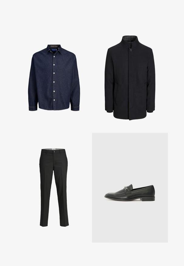 Moška črna volnena jakna z višjim ovratnikom, skritim zadrgo, enojnim gumbom za zapiranje in stranskimi žepi.; Temno modra denimska srajca z gumbom spredaj, dolgimi rokavi in klasičnim ovratnikom, obložena z belimi gumbi in kontrastnim šivanjem.; Črne hlače, krojene prilega, gladka tkanina, srednje visok pas, sprednja zaponka, diagonalne žepke in pregibna podrobnost vzdolž nog.; Črni usnjeni loafer z gladko površino, ki ima šivano zasnovo in dekorativni kovinski verižni naglas preko vampirja. Ravno peto.