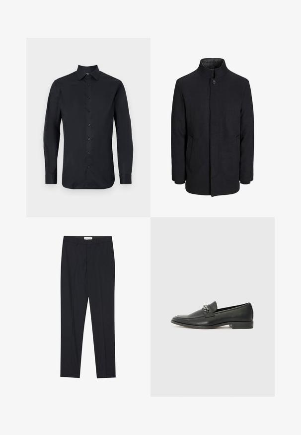 Vyriškas juodas vilnonis paltas su aukštu apykakle, užslėptu užtrauktuku, vienu užsegimu ir šoninėmis kišenėmis.; Juodas ilgas rankovėmis marškiniai, pagaminti iš glotnaus audinio, su klasikinio tipo apykakle, priekyje su mygtukais ir mygtukais rankogaliuose.; Juodos pritaikytos kelnės su lygia priekine dalimi, standartinio kirpimo, pagamintos iš lygios medžiagos, su prispaustomis raukinėmis ir šoninėmis kišenėmis.; Juodos odinės loafer tipo bateliai su lygiu paviršiumi, turintys siuvinėtą dizainą ir dekoratyvų metalo grandinėlės akcentą ant batų viršaus. Plokščias kulnas.