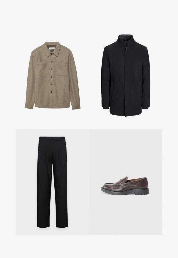 Vīriešu melns vilnas mētelis ar augstu apkakli, slēptu rāvējslēdžu, vienu pogu aizdari un sānu kabatām.; Brūnas vilnas krekls ar pogām, kas ietver norādītu apkakli, divus krūšu kabatas un melnas pogas. Gluda tekstūra ar brīvu piegulšanu.; Melnas bikses, izgatavotas no gludas auduma, ar taisnu kāju dizainu, divām priekšējām krokām un standarta jostu, kurai ir āķi.; Brūni ādas mokasīni ar gludu virsmu, apaļu purngalu, minimālām šuvēm un biezām melnām gumijas zālēm. Nav redzamu aksesuāru vai apdares detaļu.