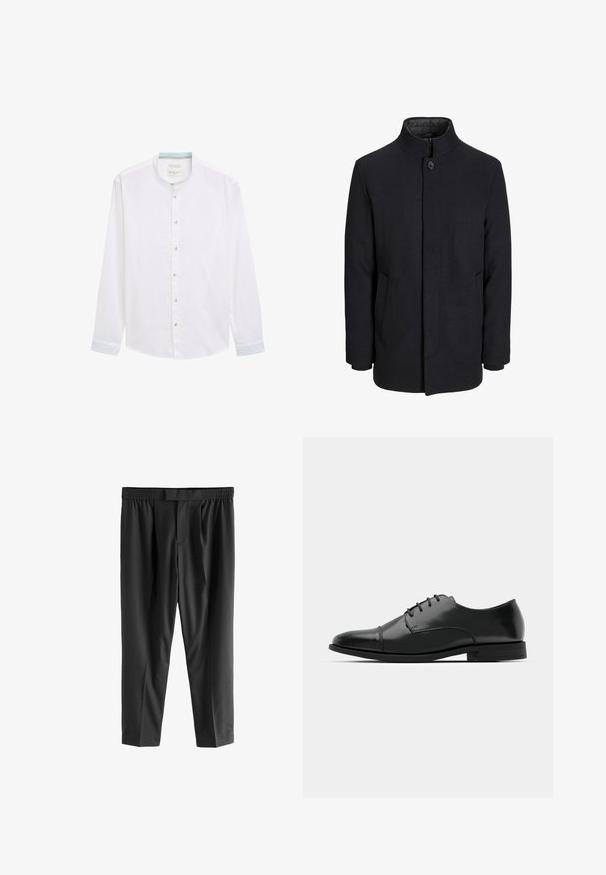 Cappotto da uomo in lana nera con colletto alto, zip nascosta, chiusura a un bottone e tasche laterali.; Camicia bianca a maniche lunghe con colletto a banda, caratterizzata da un accento azzurro chiaro all'interno del colletto e bottoni lungo la parte anteriore.; Next REGULAR FIT -CHECK SMART - Chino - black; Scarpa da uomo in pelle nera con punta rotonda, design con lacci, dettagli di cucitura discreti e tacco basso. Texture liscia con finitura lucida.