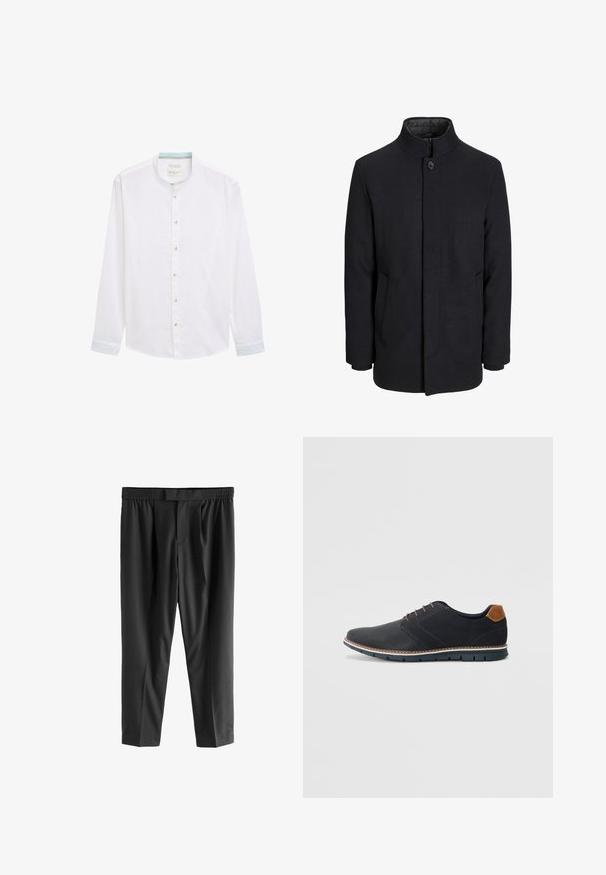 Vyriškas juodas vilnonis paltas su aukštu apykakle, užslėptu užtrauktuku, vienu užsegimu ir šoninėmis kišenėmis.; Balta ilgomis rankovėmis marškiniai su juostele, puošti šviesiai mėlyna akcentu ant vidinės apykaklės ir mygtukų užsegimu priekyje.; Next REGULAR FIT -CHECK SMART - Chino stiliaus kelnės - black; Juodi sintetiniai batai su tekstūruotu paviršiumi, lygiomis detalėmis, ruda kulna ir kontrastingu padu. Yra minimalus raištelių užsidėjimas ir siuvimo detalės.