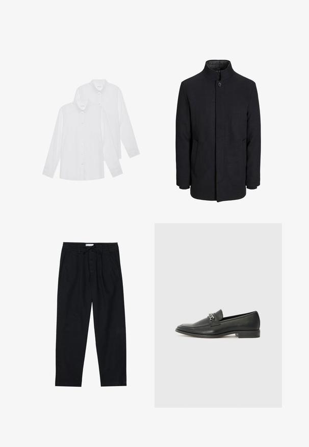 Men's black wool coat with high collar, concealed zipper, single button closure, and side pockets.; White long-sleeve shirts in a pack of two, featuring button-up fronts, collar, and cuffs, made from a smooth fabric with no patterns.; Pier One Chinos - black; Black leather loafer with a smooth finish, featuring a stitched design and a decorative metal chain accent across the vamp. Flat heel.