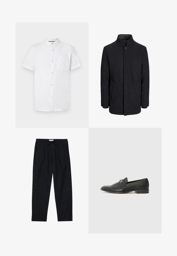 Muški crni vuneni kaput s visokim ovratnikom, skrivenim patentnim zatvaračem, jednim gumbom za zatvaranje i bočnim džepovima.; Bijela kratko rukava košulja od pamuka, s ovratnikom na dugmad, prednjim džepom i drvenim detaljima na dugmadima. Glatka tekstura.; Pier One Chino hlače - black; Crna kožna loafer cipela s glatkom finišem, s ušivenim uzorkom i dekorativnim metalnim lancem preko prednjeg dijela. Ravni potplat.