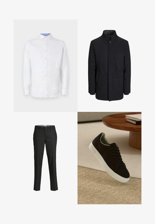 Men's svart ullfrakk med høy krage, skjult glidelås, en knapp lukking og sidelommer.; Hvit langermet skjorte med knappesoft, med et lyseblått rutemønster inni kragen og mansjettene. Glatt stoffkvalitet.; Sorte bukser, skræddersyet pasform, glat stof, mellemhøj talje, knaplukning foran, skrå lommer og pressefold detaljer ned ad benene.; Svart sneakers med hvit såle som svever over en beige teksturert teppe nær et rundt trebord med stablede bøker.