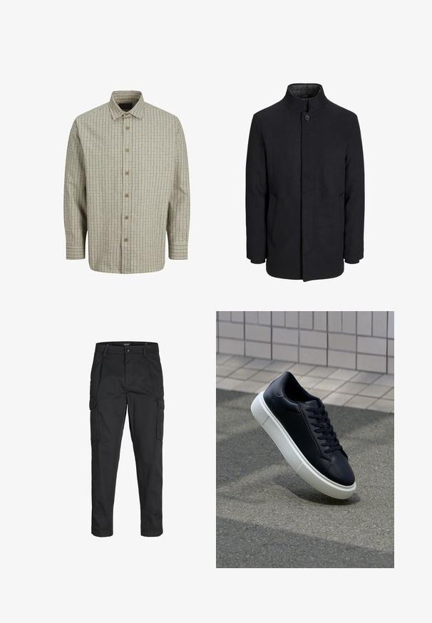 Meeste must villane mantel kõrge kraega, peidetud tõmblukk, ühe nööbiga kinnitamine ja küljetaskud.; Kerge kangast nööpidega särk, millel on beež ja tume sinine ruuduline muster, laia krae ja puidust nööpidega.; Mustad mustapõlvik, mis on valmistatud tugeva koe kasutades, sisaldab mitmeid taskuid, nupule kinnitatav sulgemine ja kitsenev disain.; Mustast nahast tennisetoss, millel on ümar nina ja valge kummist tall. Omab siredaid paelu ja minimaalset õmblemist ülemises osas. Tekstuuriga tald, mis tagab haakuvuse.