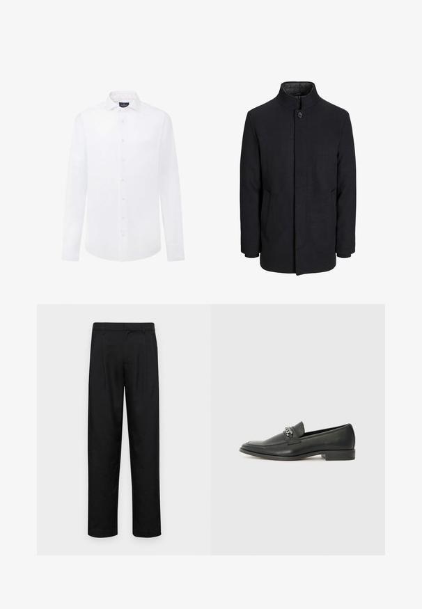 Cappotto da uomo in lana nera con colletto alto, zip nascosta, chiusura a un bottone e tasche laterali.; Camicia bianca a maniche lunghe in cotone, con colletto a punta, bottoni frontali e un logo discreto sul petto. Tessuto liscio.; Pantaloni neri realizzati in tessuto liscio, caratterizzati da un taglio dritto, due pieghe frontali e una vita standard con passanti per la cintura.; Mocassino in pelle nera con finitura liscia, caratterizzato da un design cucito e da un accento decorativo in catena metallica sul vamp. Tacco piatto.