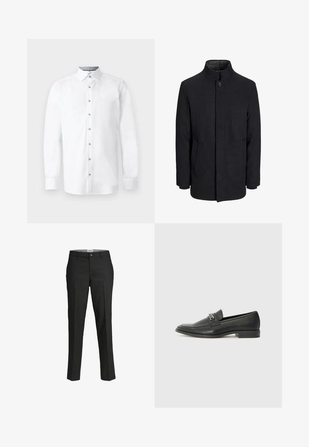 Manteau en laine noir pour homme avec col haut, fermeture éclair dissimulée, fermeture à un bouton et poches latérales.; Chemise blanche à manches longues, à boutons sur le devant, avec un col pointu et une texture lisse. Comprend six boutons et des manches à poignets.; Pantalon noir, coupe ajustée, tissu lisse, taille mi-haute, fermeture à bouton à l'avant, poches en biais, et détails de pli sur les jambes.; Mocassin en cuir noir avec une finition lisse, présentant un design cousu et une accent décoratif en chaîne métallique sur le rand. Talon plat.